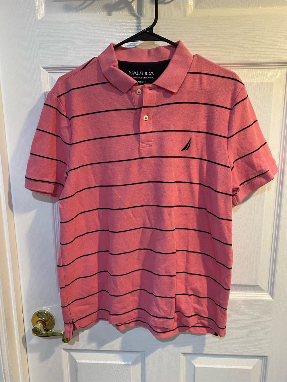 Mens medium Nautica Pink Polo with Navy Stripe